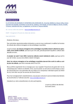 Courrier du grand Cahors: info changement d'horaire des collectes ordures ménagères et recyclabes